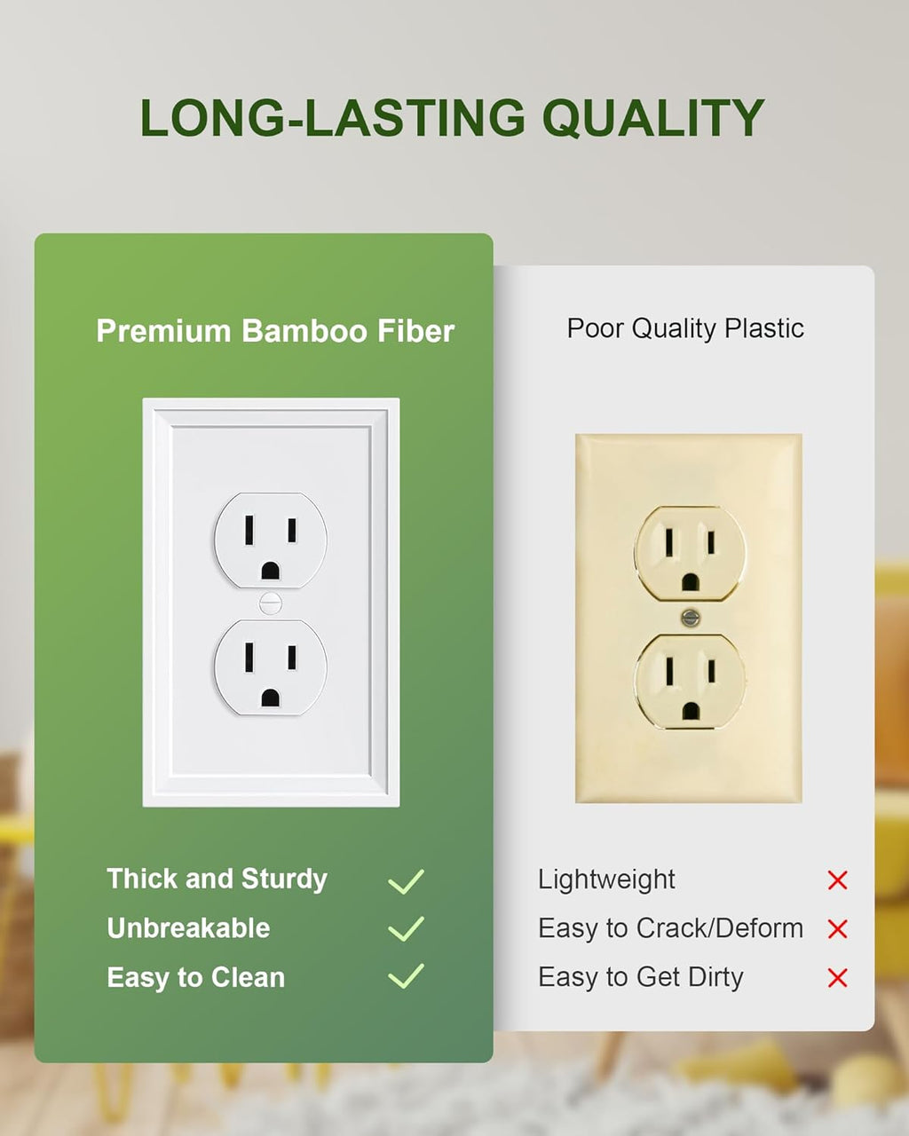 6-Pack Duplex Outlet Cover, Natural Bamboo Fiber Switch Plates and Outlet Covers, White Decorative Wall Plates for Electrical Outlets, 1 Gang Receptacle Cover, Corrosion Resistant
