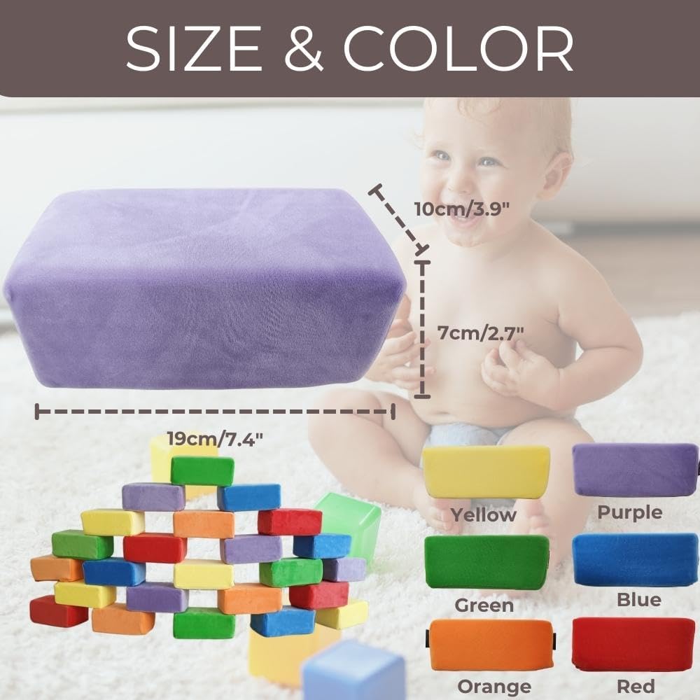 Wonder Space Plush Foam Blocks - Nursery Building & Stacking Toys for Toddlers Boys & Girls, Soft Smooth Velvet Cover, Early Education Gross Motor Skills & Brain Development (24 Bricks, Classic)
