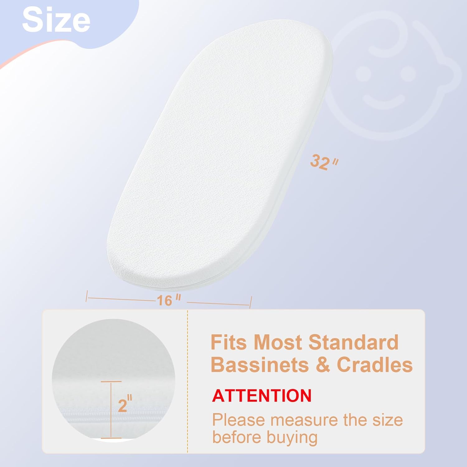 NeoBorn Baby Bassinet Mattress Pad, 32" x 16" Dual Sided Comfort Gel Memory Foam Mattress with Removable Breathable Soft Tencel Cover Fit for Dream On Me Karley Bassinet