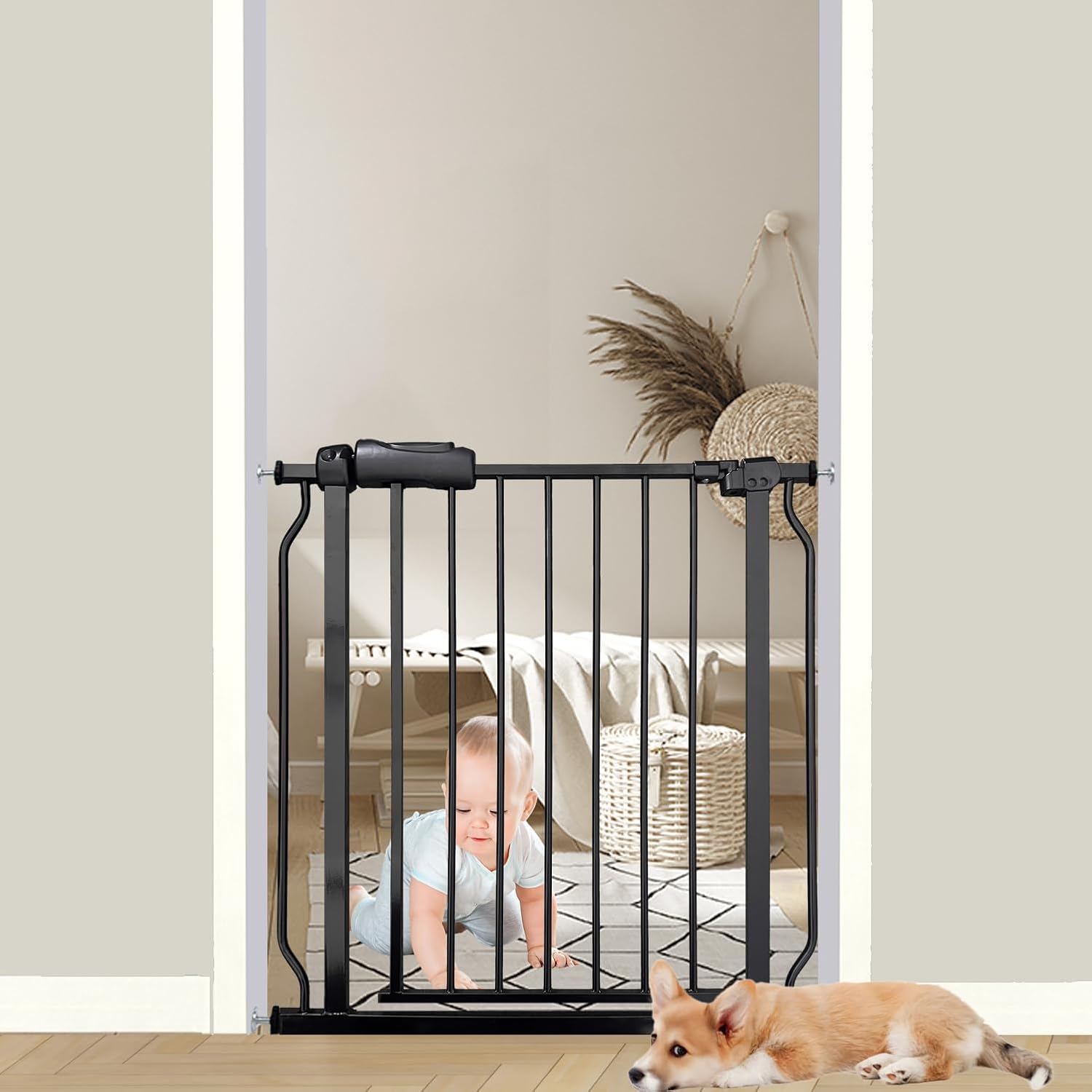 29-34 Inch Baby & Pet Gate - Black Metal, Pressure Mounted, Walk Through Safety Gate for Narrow Stairs & Doorways