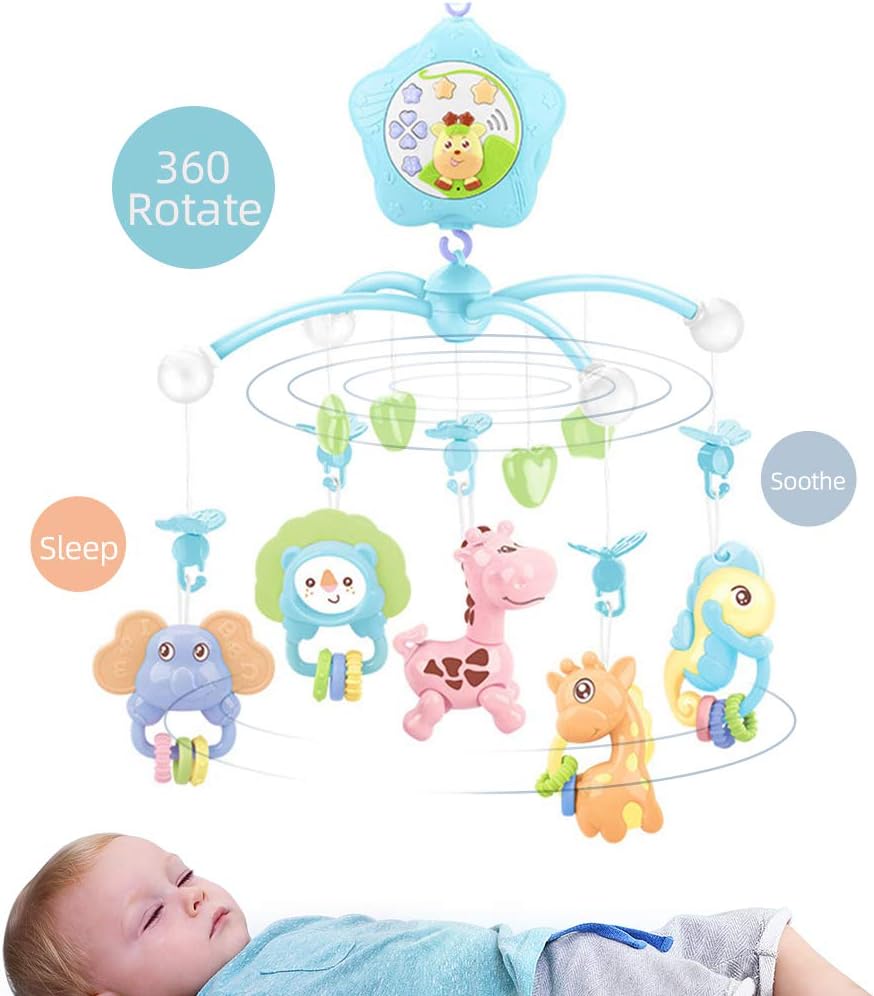 Baby Mobile for Crib with Musicial and Lights, Remote, lamp, Projector for Pack and Play, for Ages 0+ Months (Blue-Forest)