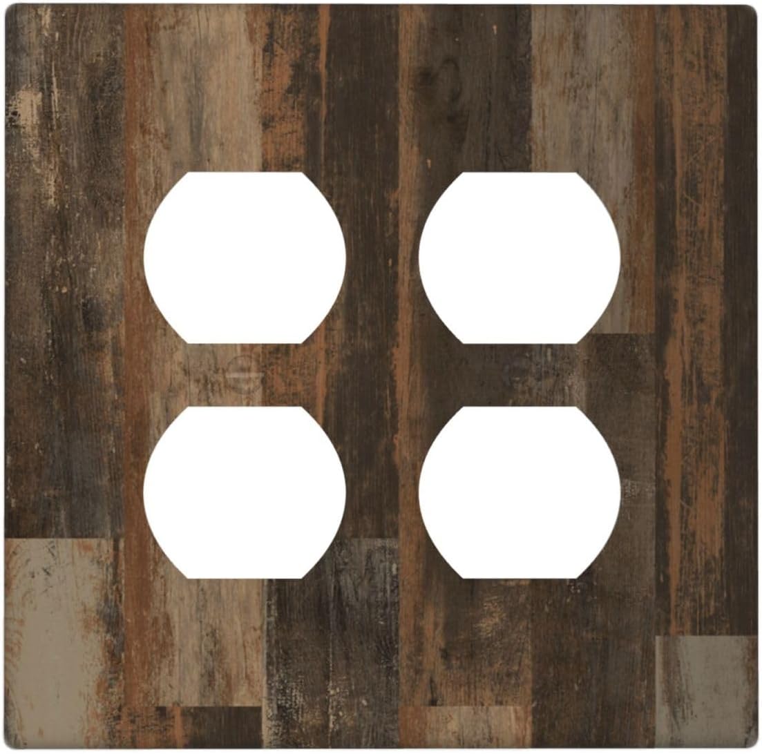 Rustic Brown Wood Grain Dark Oak Outlet Covers 2 Gang Double Duplex Decorative Light Switch Covers Electrical Wallplates Socket Faceplate for Farmhouse Home Decor