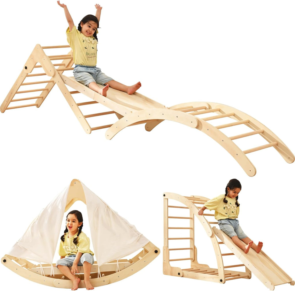 Climbing Toys for Toddlers Inside, Pikler Triangle Set with Rocker and Slide 8 in 1, Montessori Toys Toddler Climbing Toys Indoor, Baby Climbing Gym, Wooden Playground for Kids