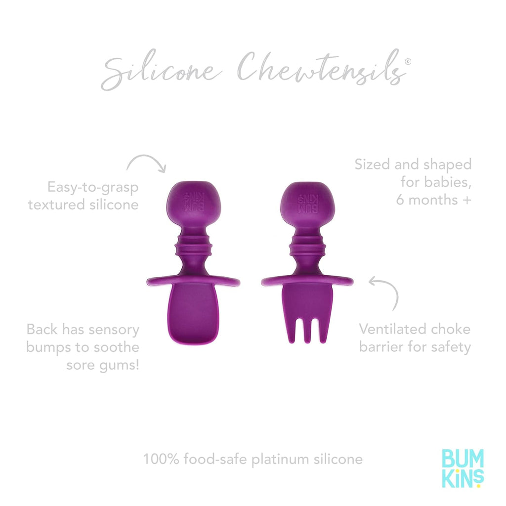 Bumkins Baby Utensils Set, Chewtensils Silicone Spoons for Dipping, Self-Feeding, Baby Led Weaning, Trainer Learning, First Stage Eating, Soft Practice Fork and Spoon, Babies 6 Months, Purple