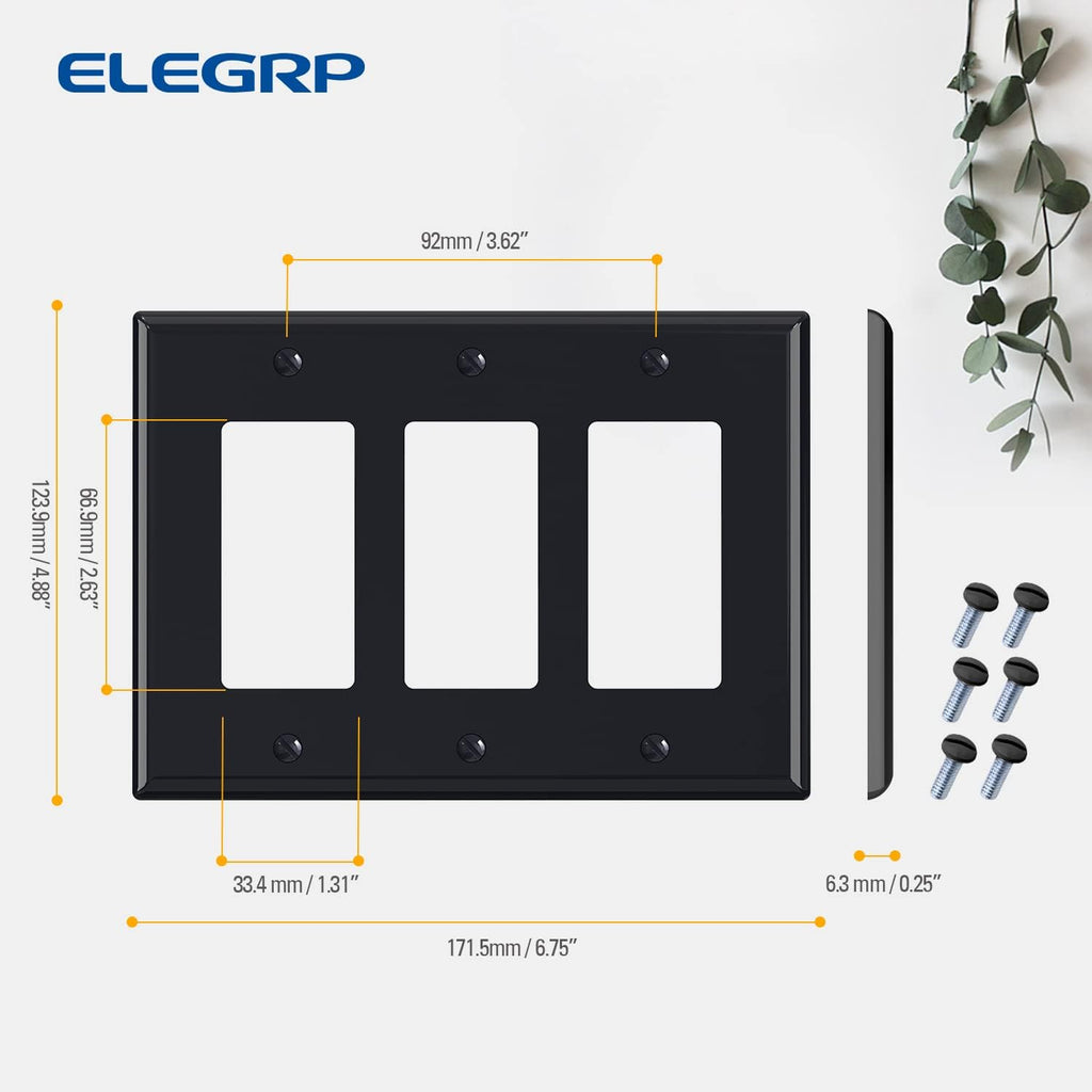 ELEGRP 3-Gang Decorative Wall Plates, Mid-Size 4.88" H x 6.75" L Unbreakable Thermoplastic Faceplate Cover for Decorator Receptacle Outlet Switch, UL Listed (1 Pack, Glossy Black)