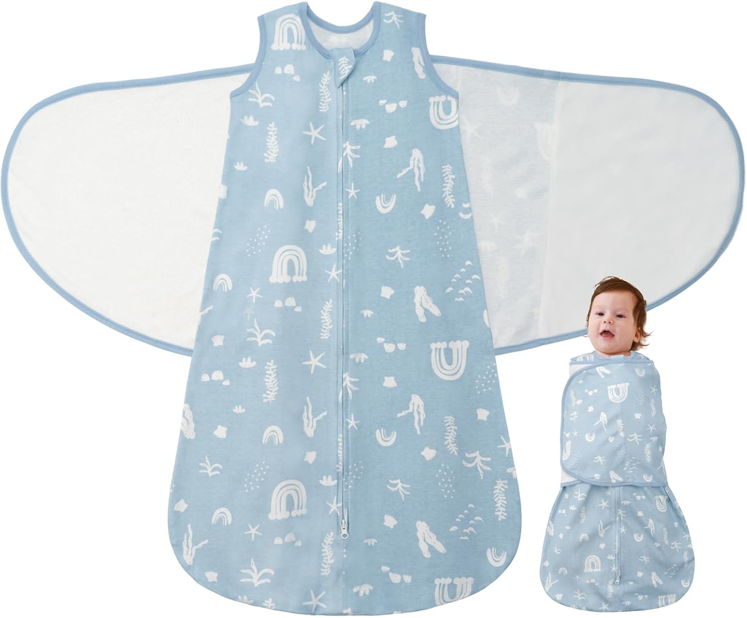 Baby Swaddle Sleep Sack 1.0 Tog 3-in-1 Cotton Baby Swaddle Blanket Wrap for Newborns 6-12 Months Seabed World