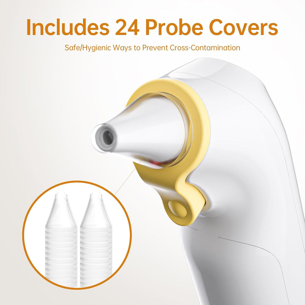 Ear Thermometer, Highly Accurate Ear Thermometer for Kids, Adults and Babies, 30 Memory Recall, 1s Result and 3-Color Fever Alert, with 24 Disposable Probe Covers, Yellow