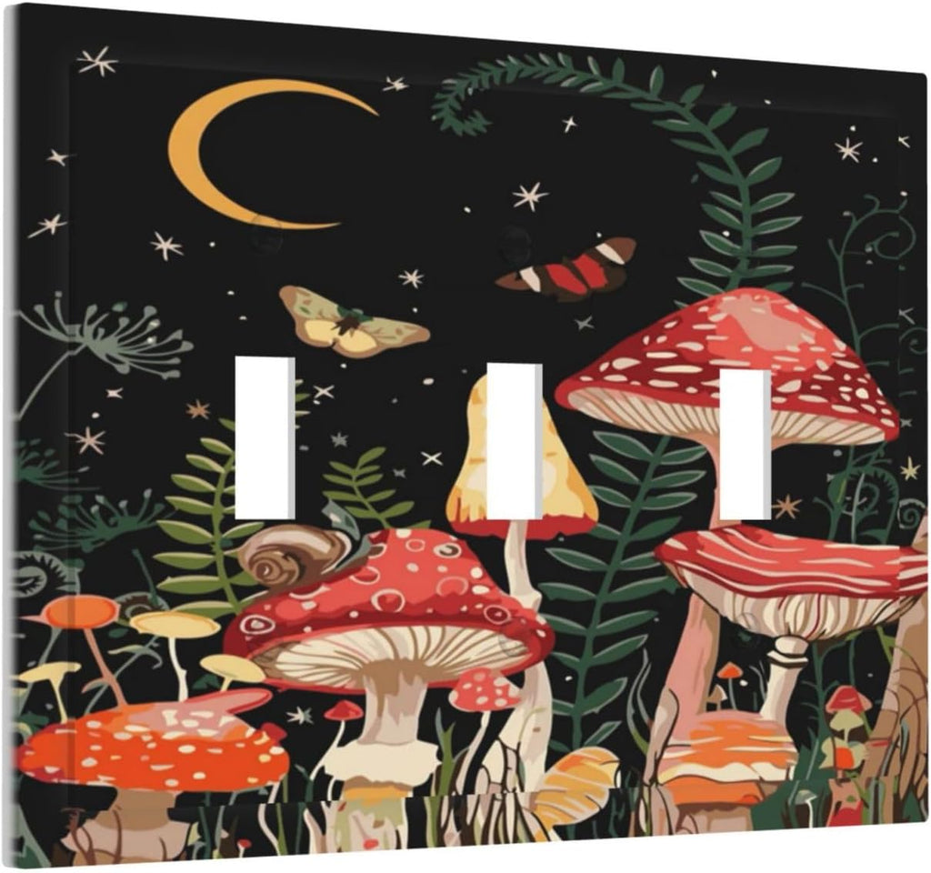 Moon Star Red Mushroom Forest Butterfly Green Plant Decorative Switch Plates 3 Gang Wall Plate Triple Toggle Light Switch Cover Faceplate Electrical Wall Panels for Kids Room Home Decor