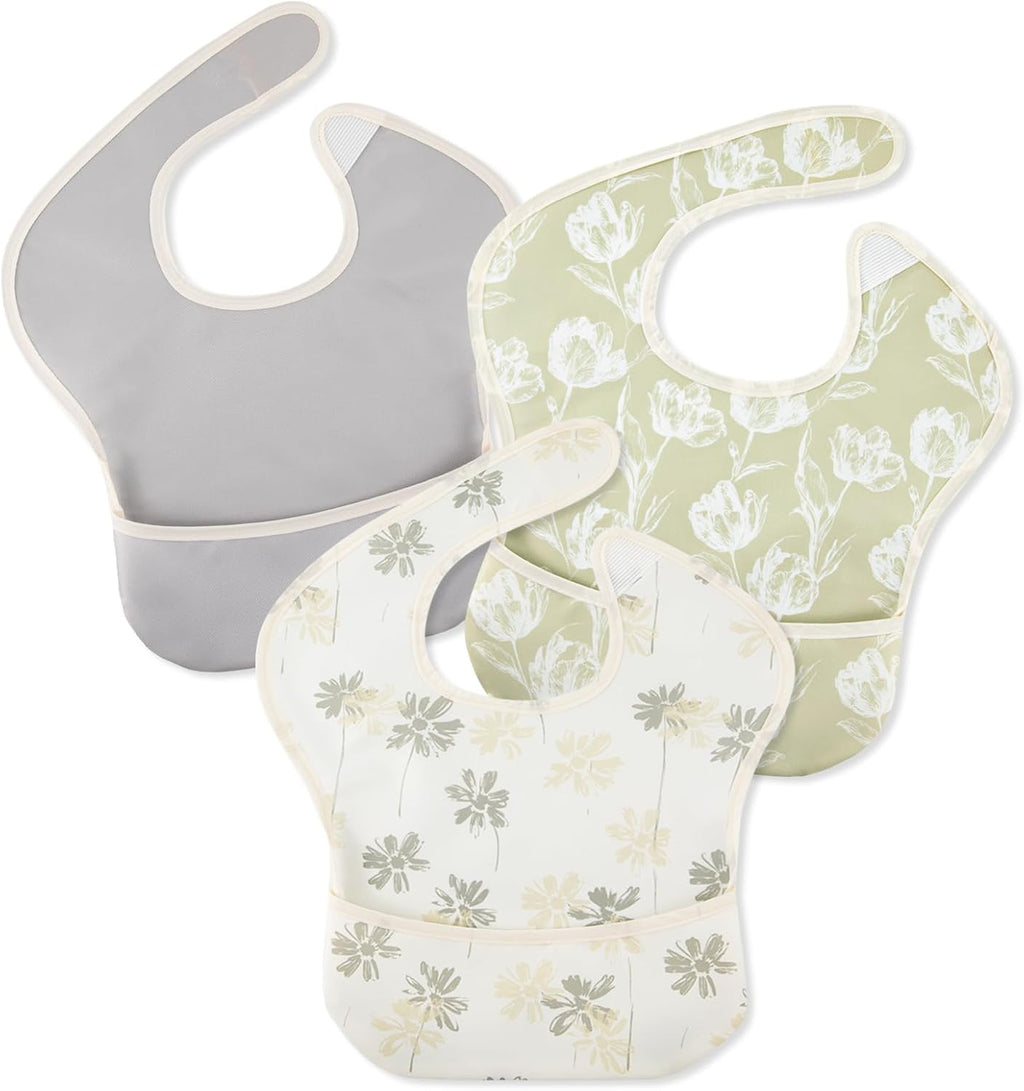 Mess Proof Baby Bib 3 Pack, Waterproof Led Weaning Baby Feeding Bibs with Food Catcher, Travel Feeding Bibs