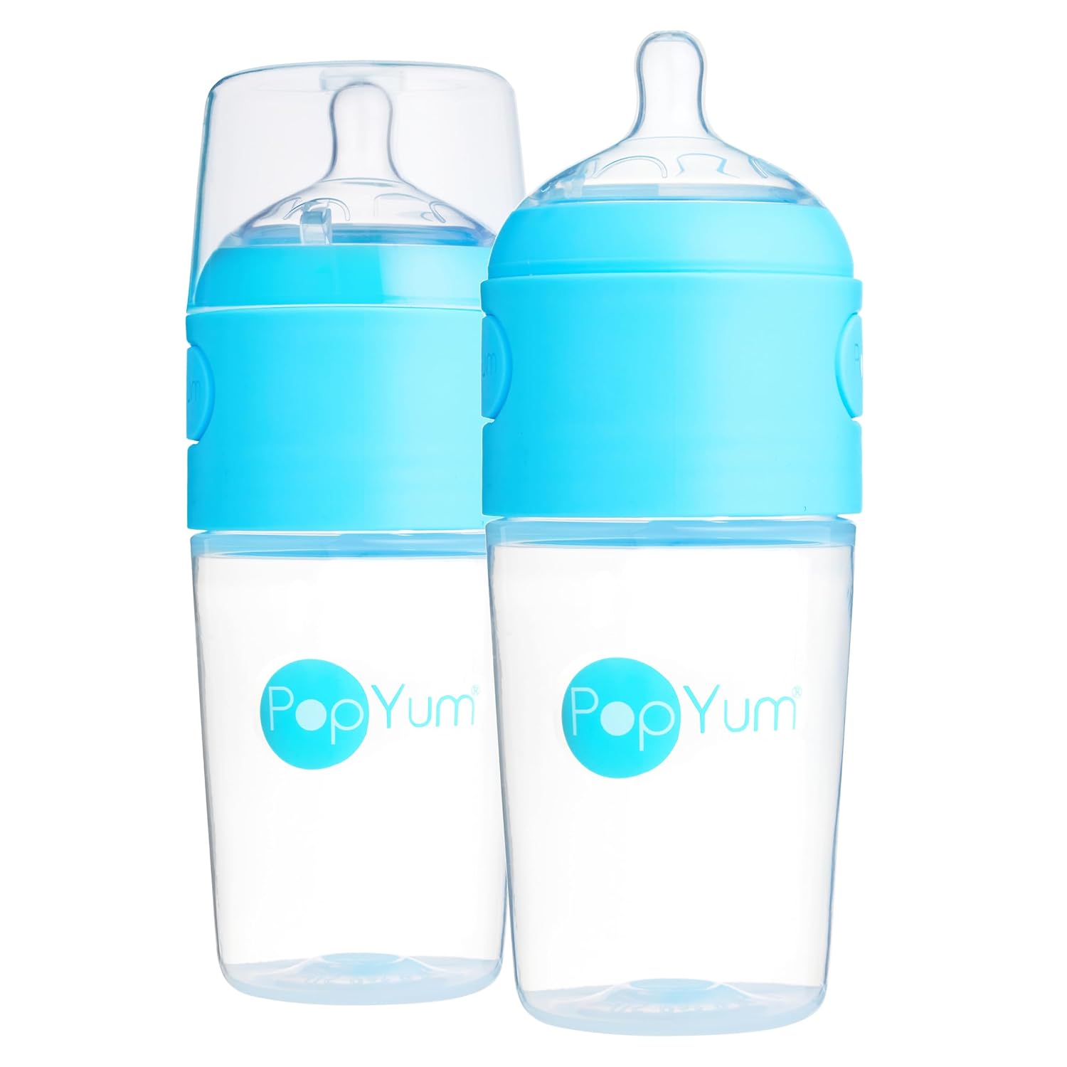 PopYum 9 oz Blue Anti-Colic Formula Making/Mixing/Dispenser Baby Bottles, 2-Pack with #2 Medium Flow Nipples, 260 ml, BPA-Free, Natural Latch
