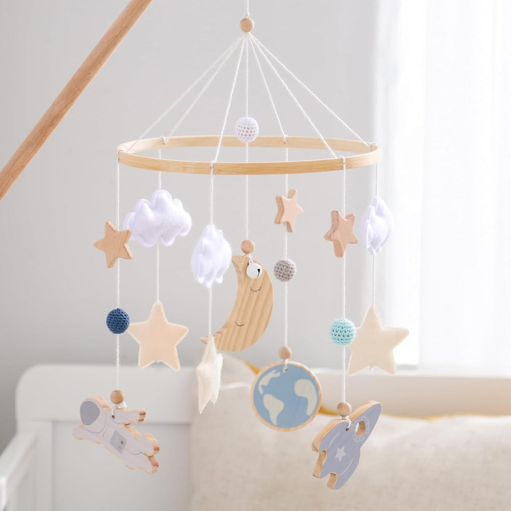 JETMHH Baby Crib Mobile | Space Theme Nursery Mobile | Wooden Mobile for Crib | Astronaut Space Theme Nursery Bed Decoration | Gift for Newborn Nursery Decor