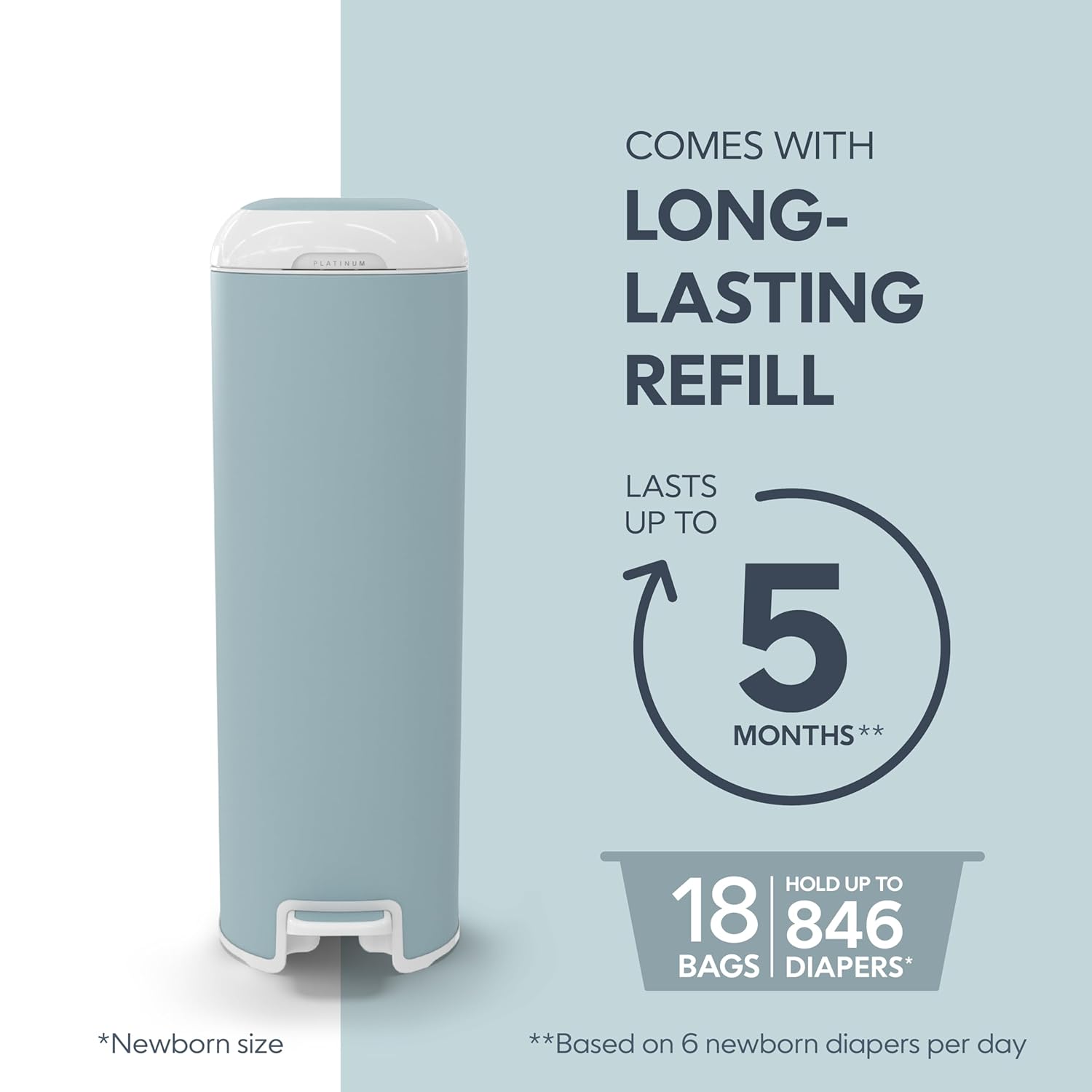 Diaper Genie Platinum Pail (Glacial Blue) is Made in Durable Stainless Steel and Includes 1 Easy Roll Refill with 18 Bags That can Last up to 5 Months.