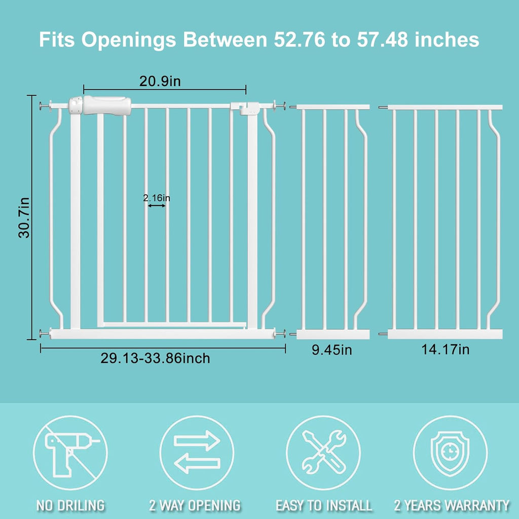WAOWAO Baby Gate 52.76-57.45" Extra Wide Pressure Mounted Walk Through Swing Auto Close Safety White Metal Toddler Kids Child Dog Pet Puppy for Stairs,Doorways,Kitchen