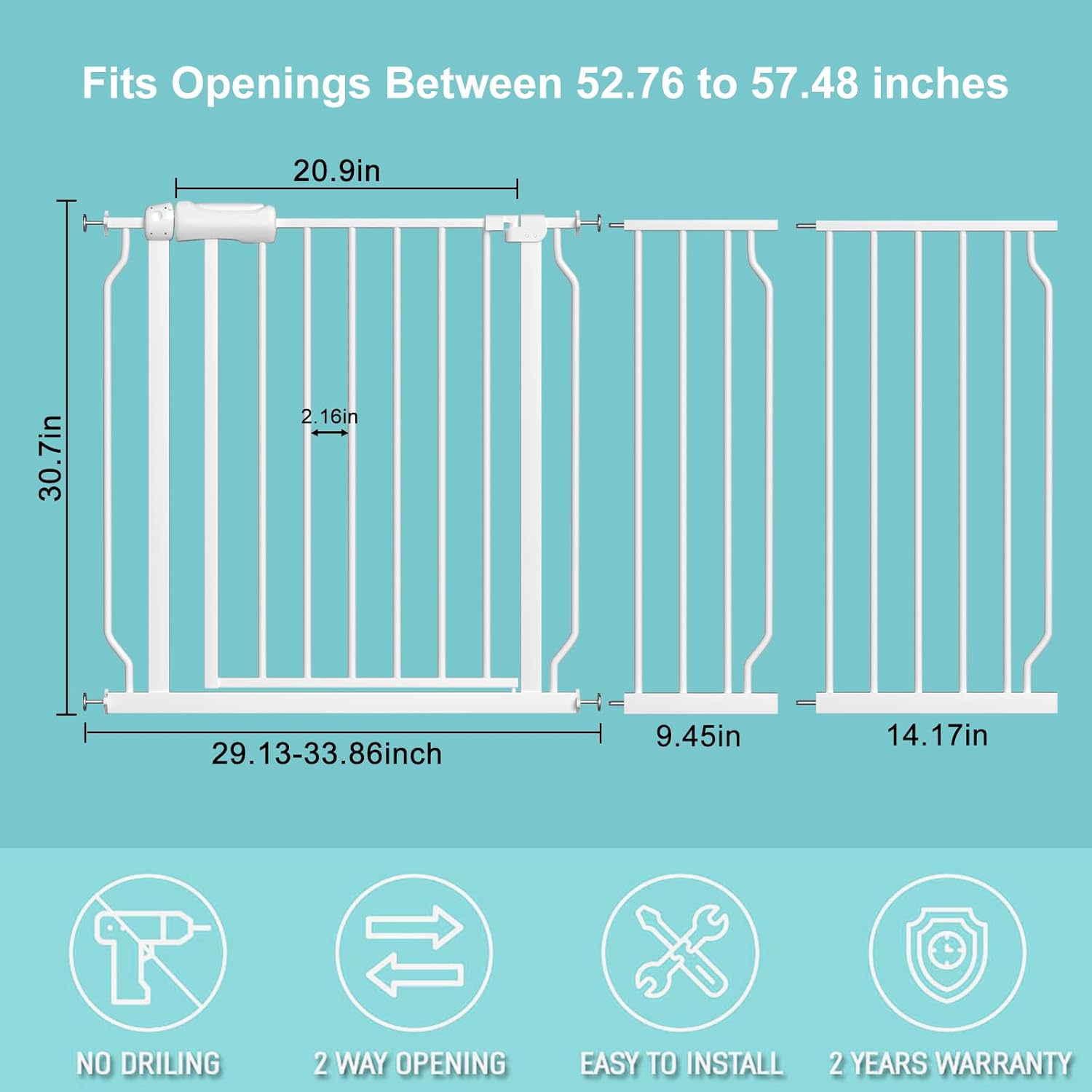 WAOWAO Baby Gate 52.76-57.45" Extra Wide Pressure Mounted Walk Through Swing Auto Close Safety White Metal Toddler Kids Child Dog Pet Puppy for Stairs,Doorways,Kitchen