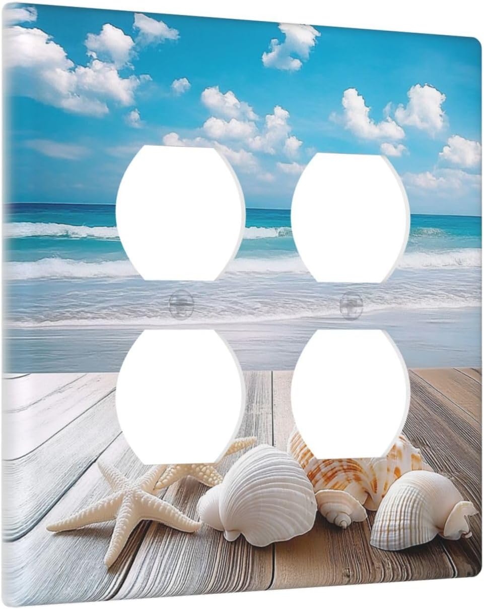 Outlet Covers Beach Waves Brown Wood Starfish Shells 2 Gang Double Duplex Decorative Light Switch Covers Electrical Wallplates Socket Faceplate For Bathroom Living Room Decor