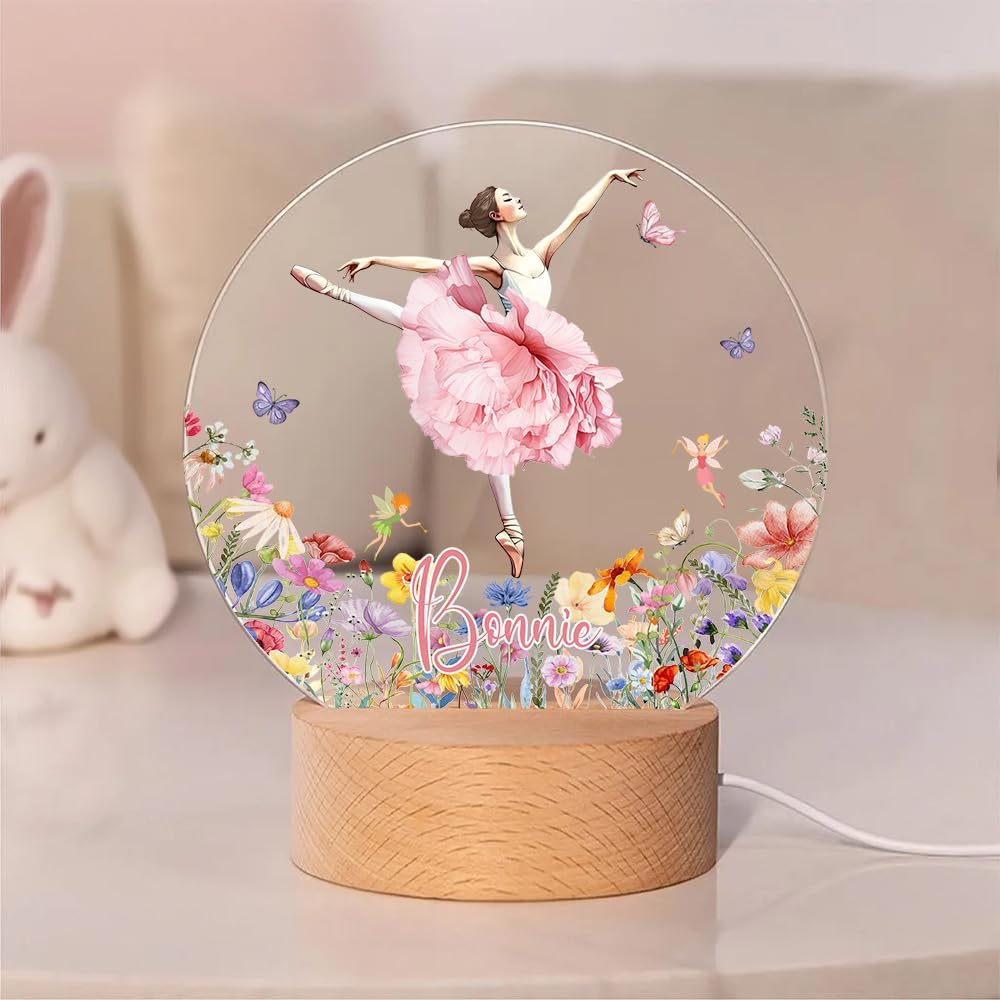 callie Acrylic Night Light Name Plate Personalized, Custom Cute Fox Deer Turtle Forest Animal with Wooden Base Bedroom Decor, Birthday Gifts Kid Gifts for Family (Beautiful Ballet Girl)