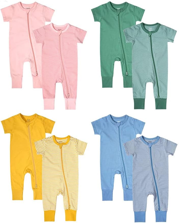 Teach Leanbh Baby Boys Girls 2-Pack Romper Jumpsuits Cotton 2 Way Zipper Short Sleeve Footless Sleep and Play 3-24 Months