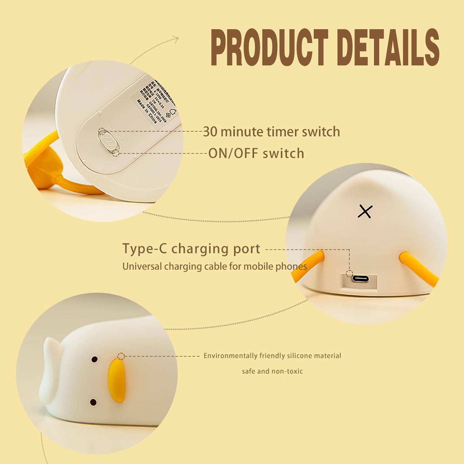 Kids Night Light, Lying Flat Duck Cute Night Light for Kids, Premium Silicone Nursery Nightlight, Touch Control, Type-C Rechargeable, Duck Lamp