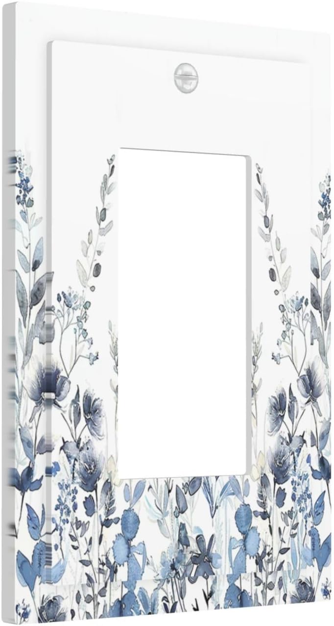 Decorative Outlet Covers Light Blue Watercolor Leaves Plant With Floral 1 Gang Single Rocker Light Switch Cover Plate Wall Plates GFCI Faceplate for Bedroom Bathroom Decor