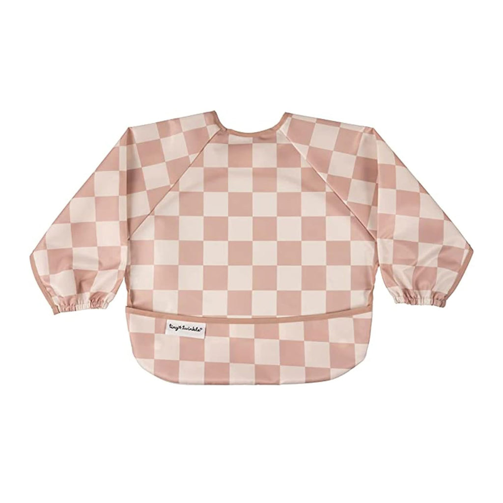 Tiny Twinkle Mess Proof Baby Bib,Waterproof Smock Baby Bib for Eating,Machine Washable Long Sleeve Bib,Baby Led Weaning,Toddler Bib,BLW Supplies(Checkers Brown, Small 6-24 Months)