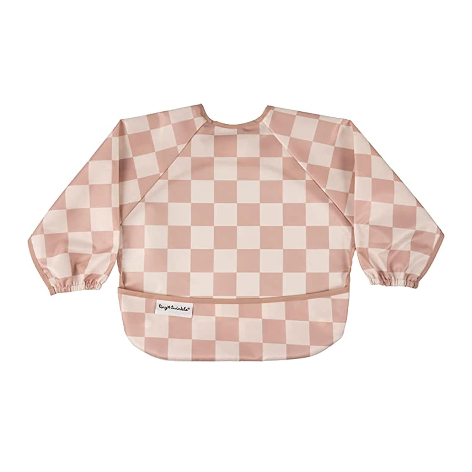 Tiny Twinkle Mess Proof Baby Bib,Waterproof Smock Baby Bib for Eating,Machine Washable Long Sleeve Bib,Baby Led Weaning,Toddler Bib,BLW Supplies(Checkers Brown, Small 6-24 Months)