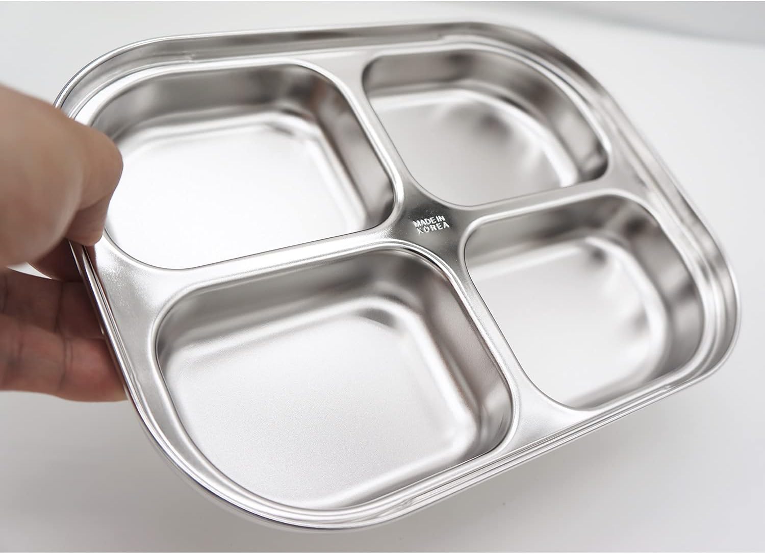 Korean Stainless Steel Divided Plates by KS&E, Little Kids Toddlers Babies Tray, BPA Free, Diet Food Control, Compact Serving Platter, Dinner Snack, 4 Compartment Plate Silver, Set of 2