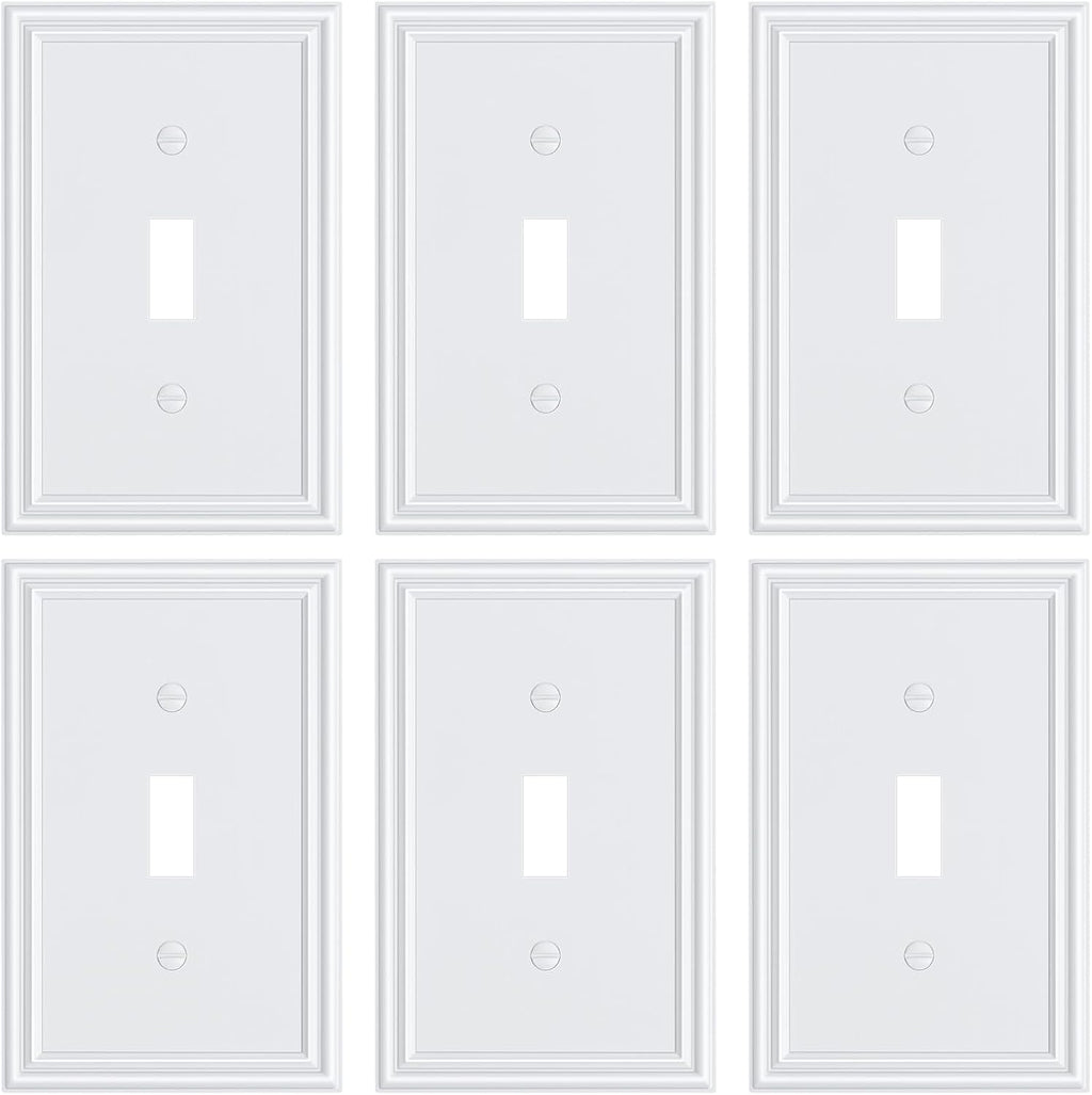 6-Pack Single Toggle Light Switch Cover Plate, Durable Solid Zinc Alloy Decorative Switch Plate Covers, White 1 Gang Wall Plate, Corrosion Resistant