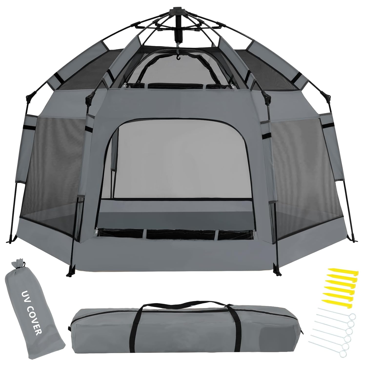 Pop Up Playpen for Babies with Canopy & Safety Lock - Outdoor Baby Playpen with 6 Ground Stakes & 6 Sand Stakes, UV Protection & Carry Bag, Instant Beach Tent for Indoor/Outdoor Use（Grey）