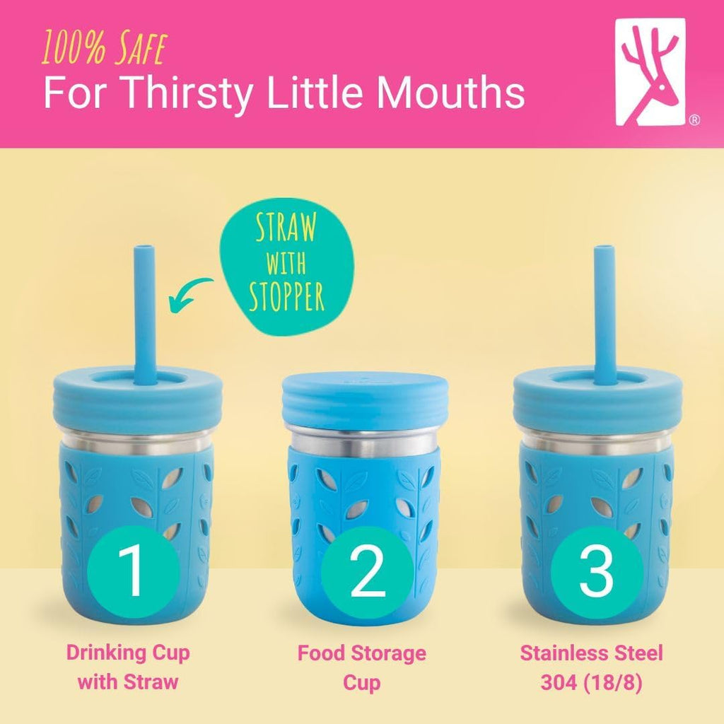 Elk and Friends 10oz Stainless Steel Kids + Toddler Drinking Cups | The Original Mason Jars with Lids + Sleeves + Straws | Smoothie Cups | Spill Resistant | Dishwasher Safe | 4 Pack