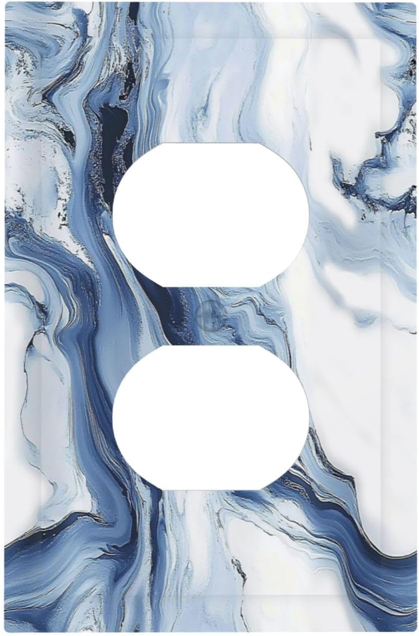 Outlet Covers White Marble Navy Blue Line Fluid 1 Gang Duplex Light Switch Cover Decorative Switch Plates Electrical Receptacle Faceplate Wall Plate For Bathroom Kitchen Decor