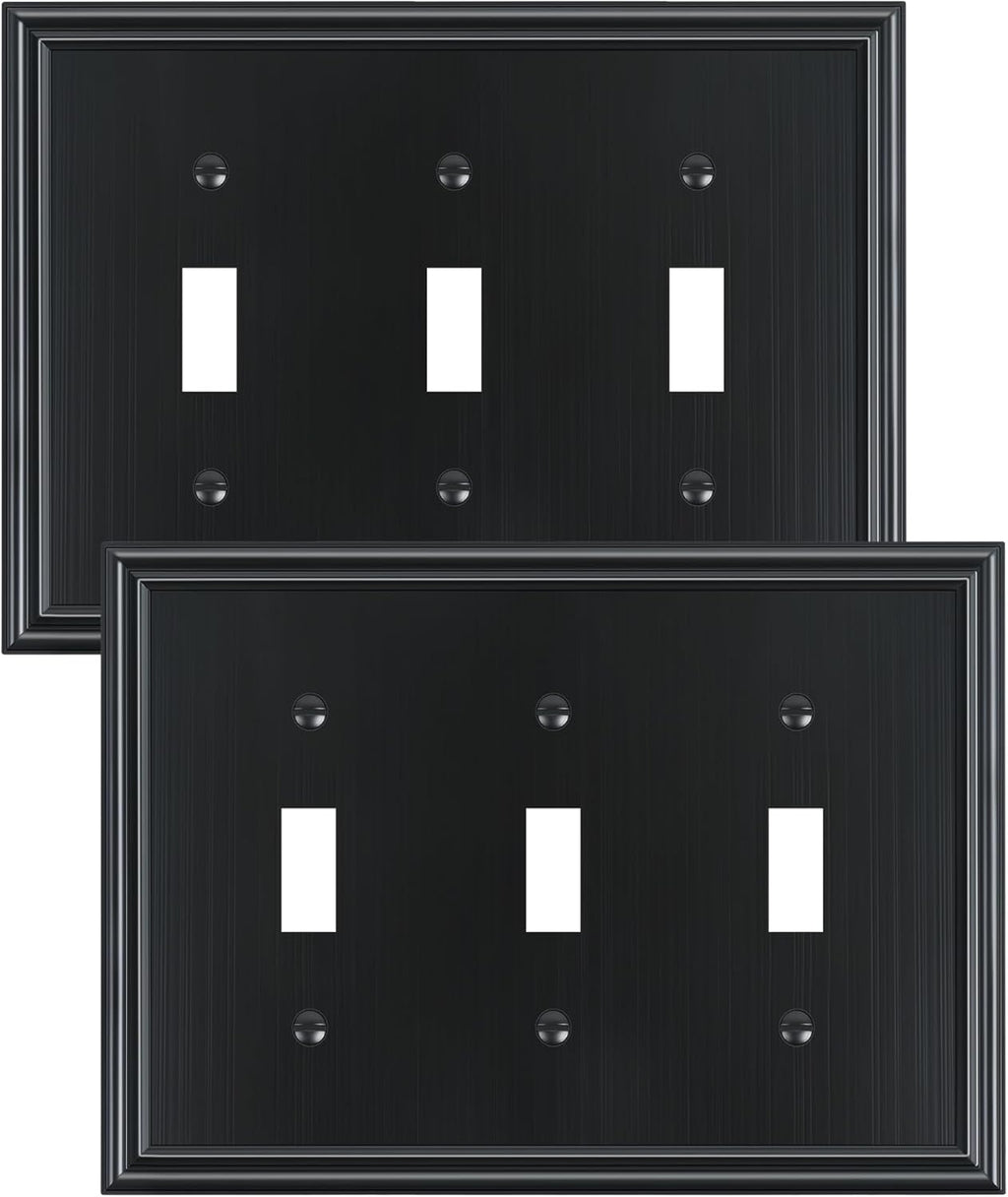2-Pack Triple Toggle Light Switch Cover Plate, Durable Solid Zinc Alloy Decorative Switch Plate Covers, Black 3 Gang Wall Plate, Corrosion Resistant