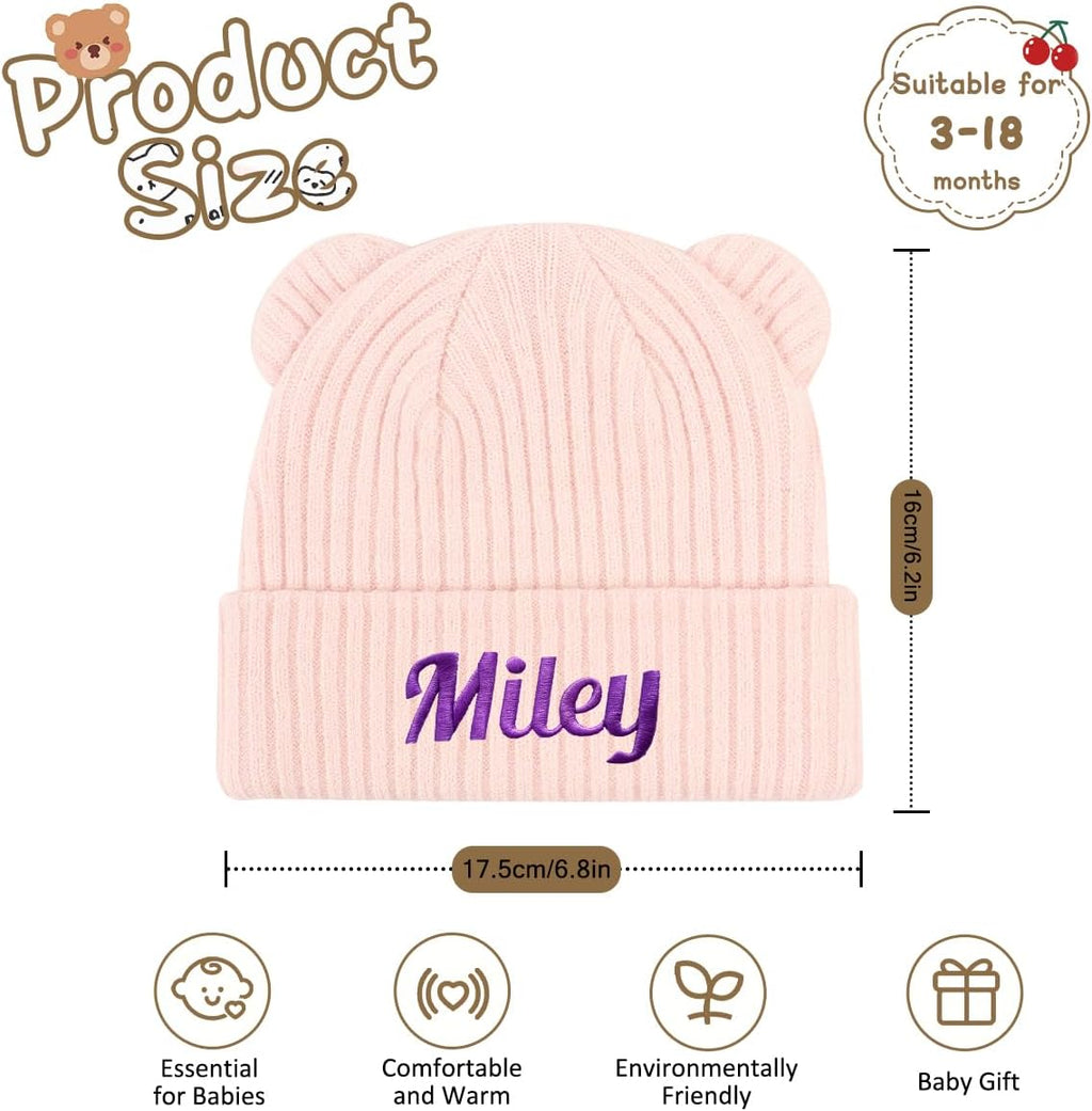 Personalized Baby Beanies Hats, Custom Embroidered Name Knitted Toddler Winter Bear Ear Hat