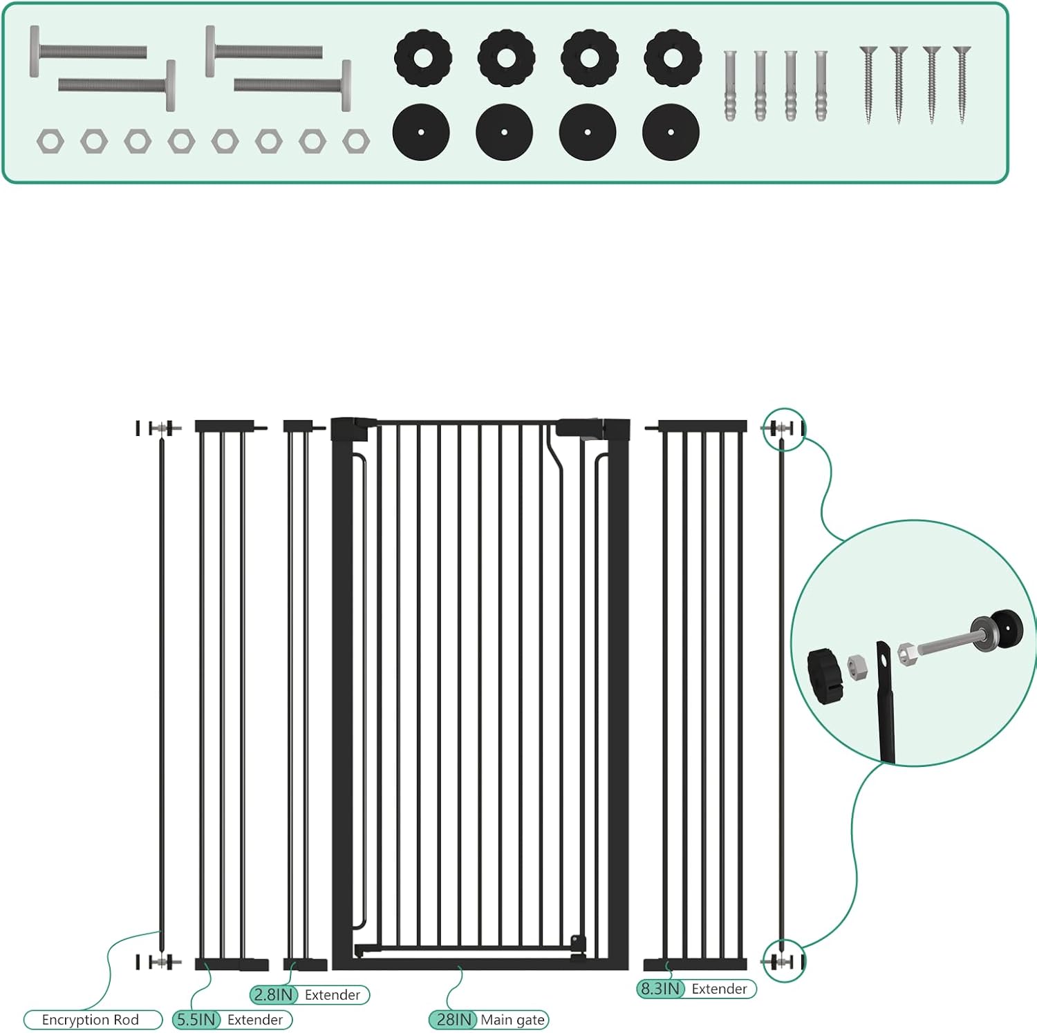 51" Extra Tall Cat Gate for Doorway Auto Close Encrypted Cat Gate 28.5"-48.7" Adjustable Width Pet Gate Include 5.5" and 8.26" Extension Kits No Drilling Pressure Mount Kit