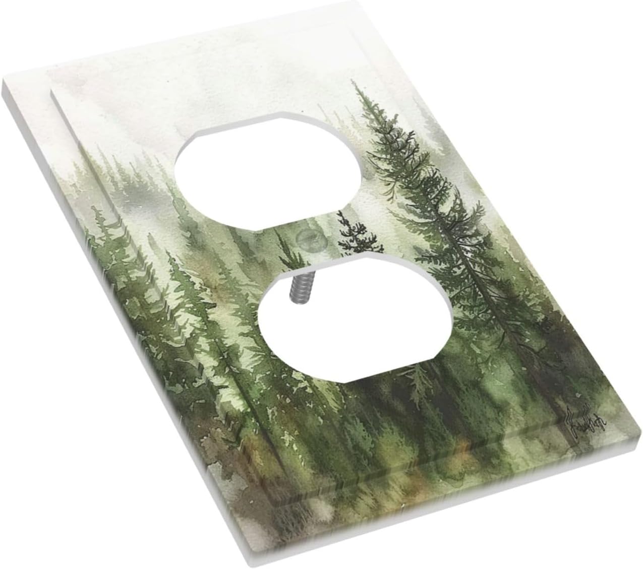 Outlet Covers Green Forest Watercolor Painting Foggy Pine 1 Gang Duplex Wall Plate Decorative Switch Plates Electrical Receptacle Faceplate Light Switch Cover for Bedroom living Room Decor
