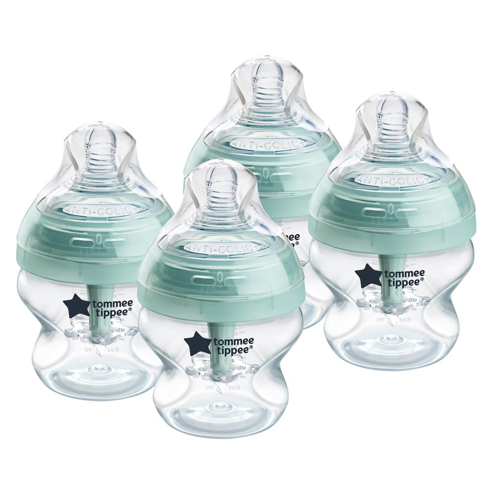 Tommee Tippee Advanced Anti-Colic 5 oz BPA Free Baby Bottles, Newborn 0+ Months, Slow Flow Breast-Like Nipple, Unique Design Keeps Air Away from Milk and Baby, Clear, Pack of 4