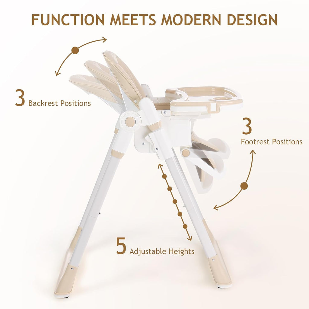 3 in 1 Baby High Chair with Wheels, Adjustable 5 Point Harness, Tray, Foot Rest, Backrest and Seat Height, Foldable High Chair for Toddlers, Beige