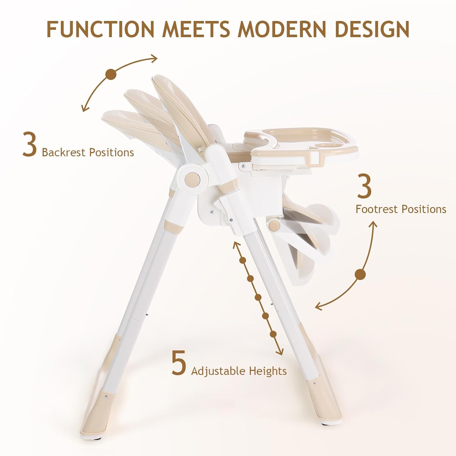 3 in 1 Baby High Chair with Wheels, Adjustable 5 Point Harness, Tray, Foot Rest, Backrest and Seat Height, Foldable High Chair for Toddlers, Beige