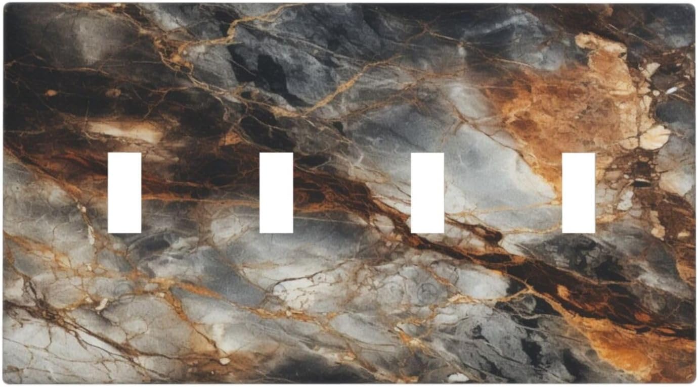 Brown Marble Granite Golden Lines Print Light Switch Covers Quad Toggle Electrical Faceplate 4 Gang Wall Plate Decorative Switch Plates for Bathroom Kitchen Decor