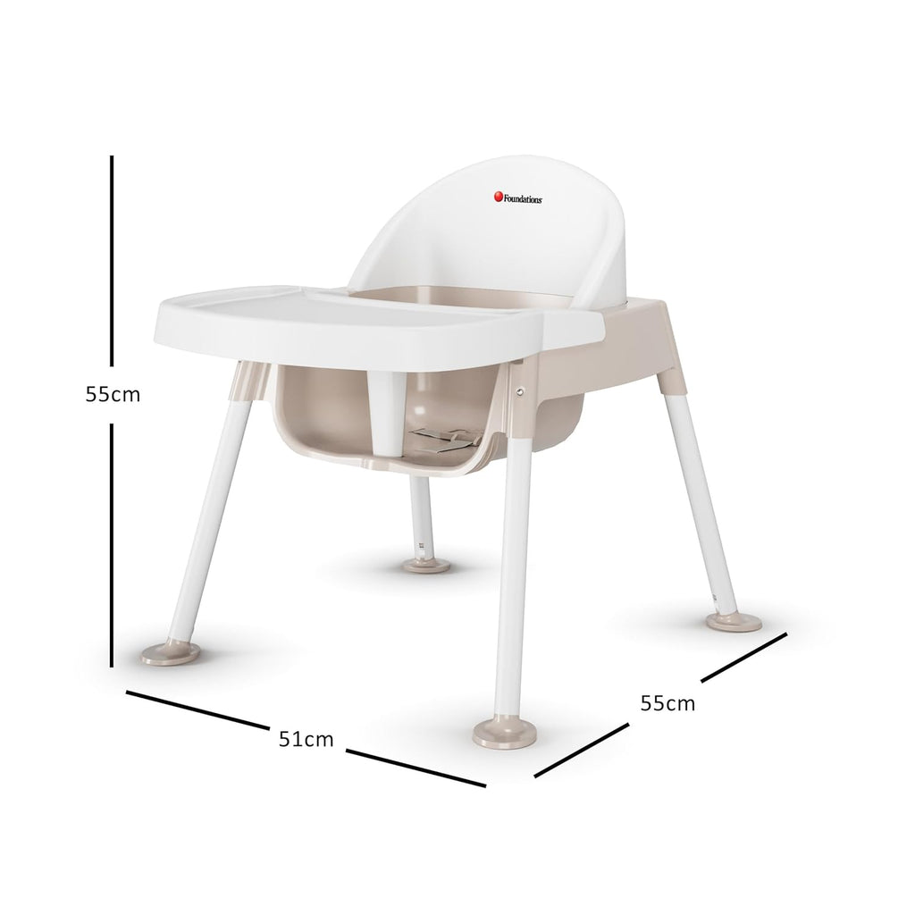 Foundations Secure Sitter 9" Feeding Chair, Stable “No Tip” Feet, 3-Point Adjustable Harness, Removable Tray, Easy to Clean, Smooth Plastic (White/Tan)