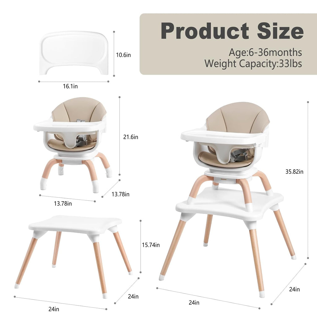 Baby High Chair, 7 in 1 Convertible High Chairs for Babies and Toddlers, Kids Learning Table, Building Block Table, Toddler Dining Chair with 360° Rotating Seat, 5-Point Safety Harness (Khaki)