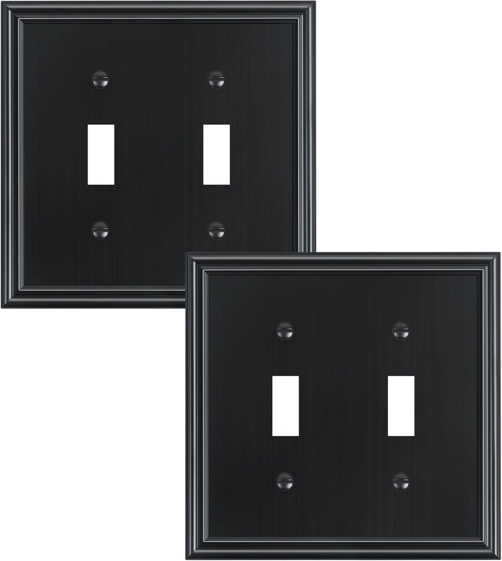 2-Pack Double Toggle Light Switch Cover Plate, Durable Solid Zinc Alloy Decorative Dual Switch Plate Covers, Black 2 Gang Wall Plate, Corrosion Resistant