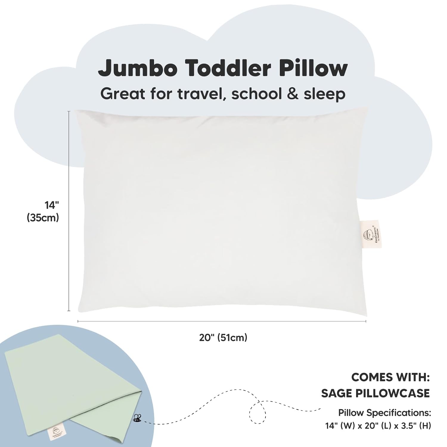 KeaBabies Toddler Pillow with Pillowcase, Jumbo 14X20 - Soft Organic Cotton Toddler Pillows for Sleeping - Machine Washable - Perfect for Travel, Toddler Bed Set (Sage)