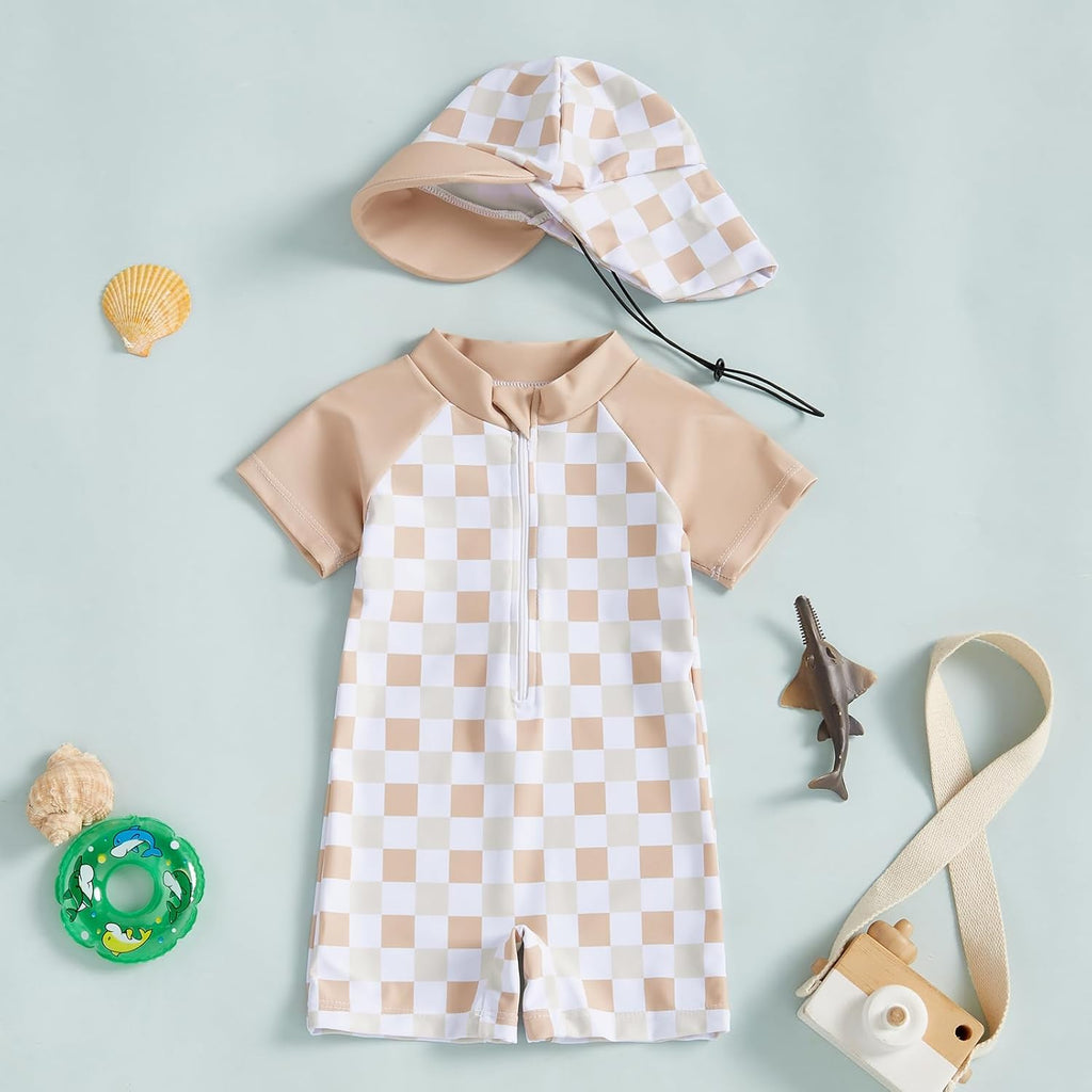 MAYUMMPY Baby Boys Girls Swimwear Casual Zipper One Pieces Rash Guard Swimsuit and Hat Beachwear Bathing Suit