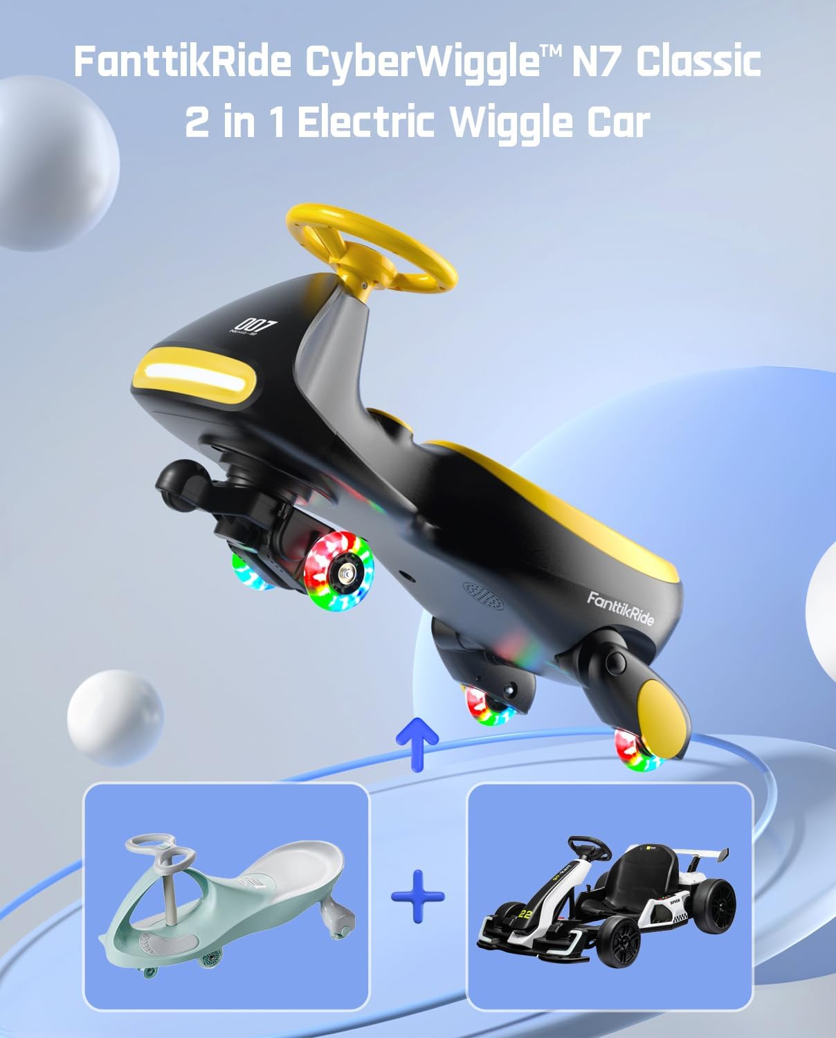 FanttikRide 6V N7 Classic Electric Wiggle Car with Pedal, Rechargeable Battery, Ride on Toys, Swing Car, 2 Speeds, Anti-Rollover, Flashing Light Wheels, Bluetooth, for Ages 3 and Up, 150 Lbs, Yellow