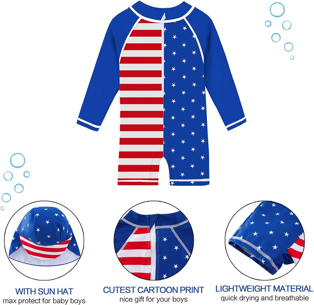 uideazone Baby Boys One Piece Swimsuit Long Sleeve UPF 50+ Rash Guard Bathing Suit Swimwear with Sun Hat 0-24 Months