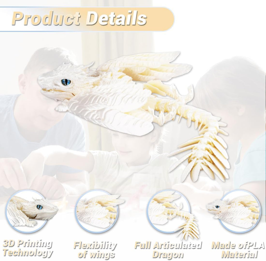 3D Printed Dragon with Wings 3D Printed Animals Articulated Dragon Fidget Dragon 3D Printed Toys Dragon Toy Desk Pets Home Office Decor (White)