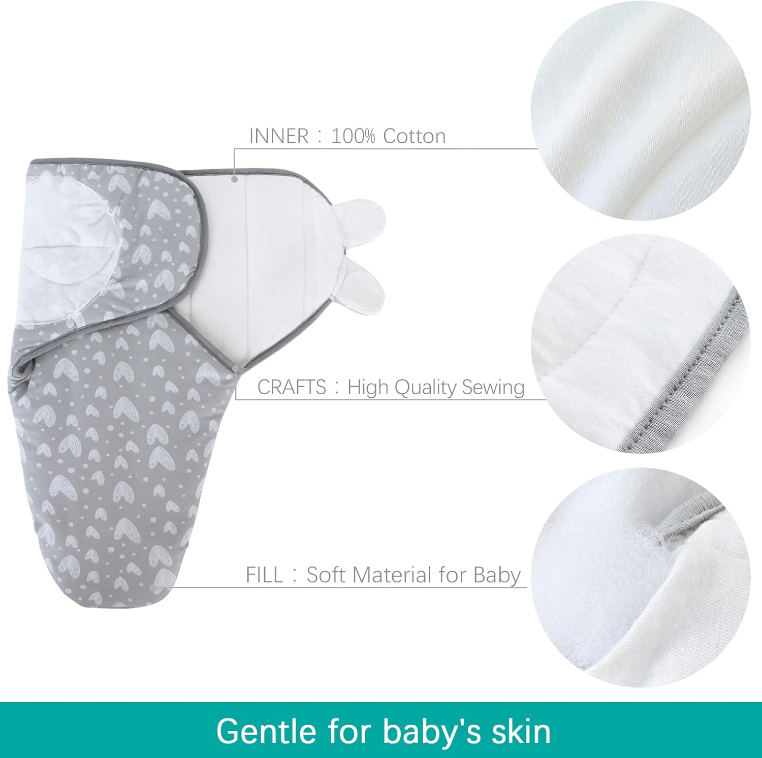Biloban Baby Swaddles 0-3 Months for Boy Girls, Warm Quilted Baby Swaddle, Newborn Swaddle, Adjustable Swaddle Blanket, Lovely Grey Hearts, 1 Pack