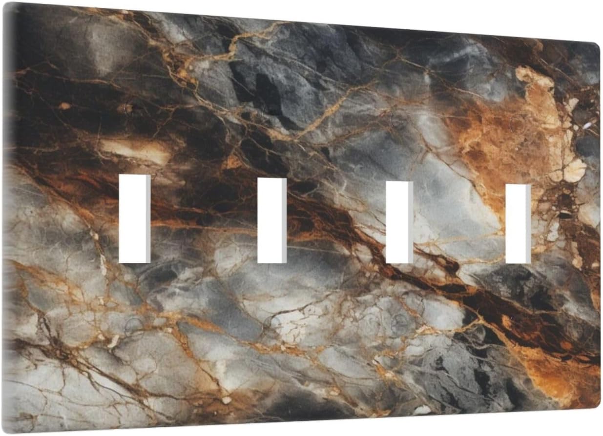 Brown Marble Granite Golden Lines Print Light Switch Covers Quad Toggle Electrical Faceplate 4 Gang Wall Plate Decorative Switch Plates for Bathroom Kitchen Decor