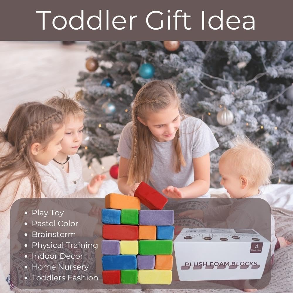 Wonder Space Plush Foam Blocks - Nursery Building & Stacking Toys for Toddlers Boys & Girls, Soft Smooth Velvet Cover, Early Education Gross Motor Skills & Brain Development (24 Bricks, Classic)