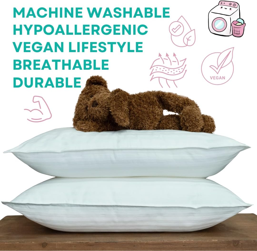 kinder Fluff Kids Pillows (2-Pack) – 300TC Soft Cotton, Down Alternative, Hypoallergenic & Machine Washable – Ideal for Children Above 12 Years Old (17x26in, White)